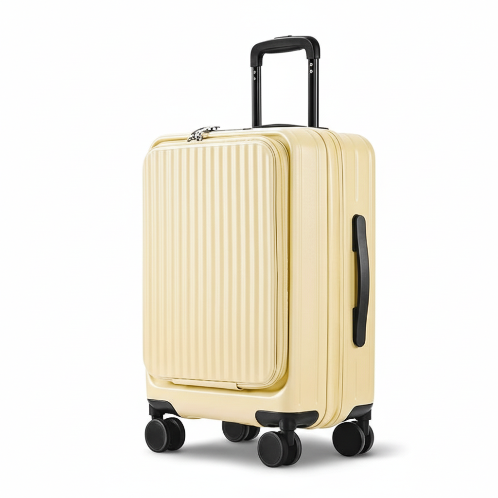 Clean butter-yellow front-opening spinner suitcase on white background