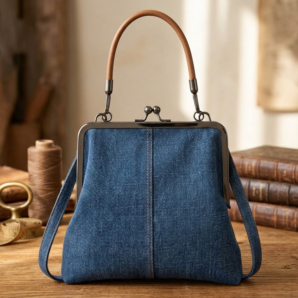 Denim Crossbody Bag with Kiss-Lock Clasp